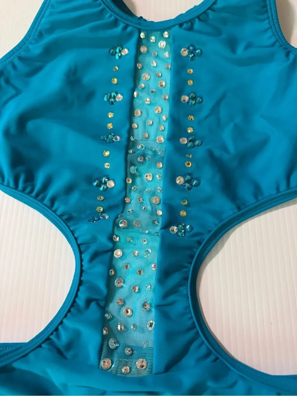 Opra solo custom dance costume leotard cutout illusion teal aqua LC-large child